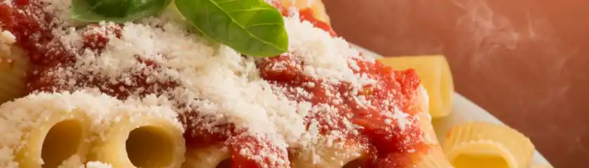 Close-up of pasta topped with savory tomato sauce, grated cheese, and fresh basil leaves.